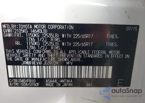 2015 Toyota Rav4 Le z USA, uszkodzony, nr VIN JTMBFREVXFJ039729